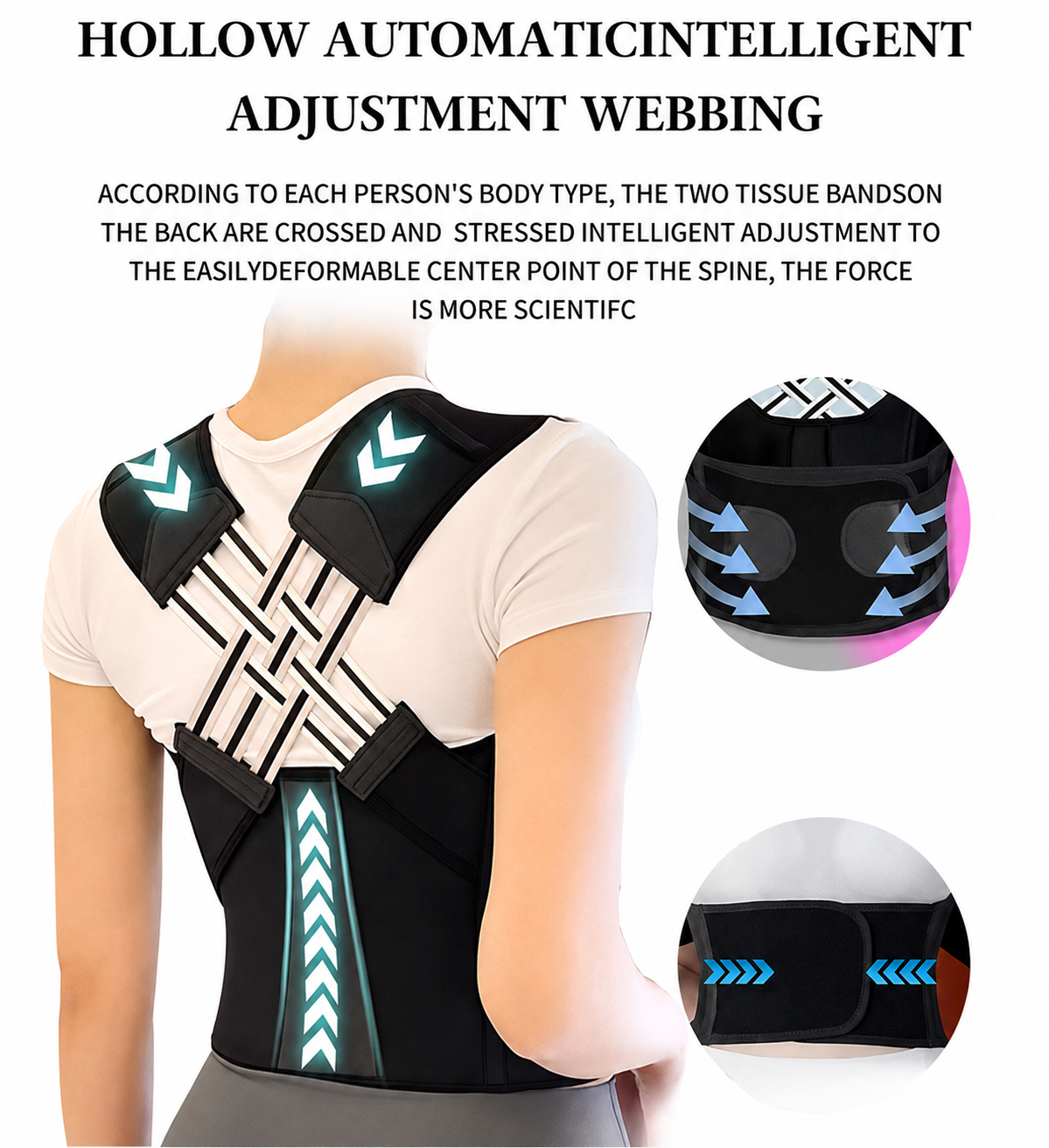 Posture Corrector Pro adjustable crossover strap detail, worn on shoulders