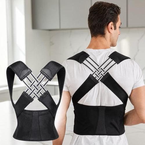 Man wearing a black Posture Corrector Pro brace with crossover straps and full back panel, front and back view