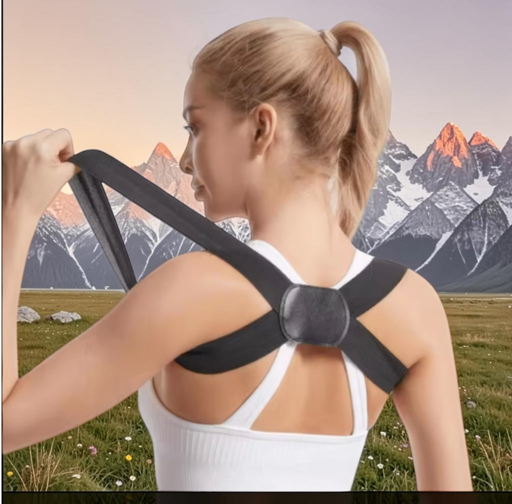 Woman adjusting a black posture corrector brace outdoors, back view