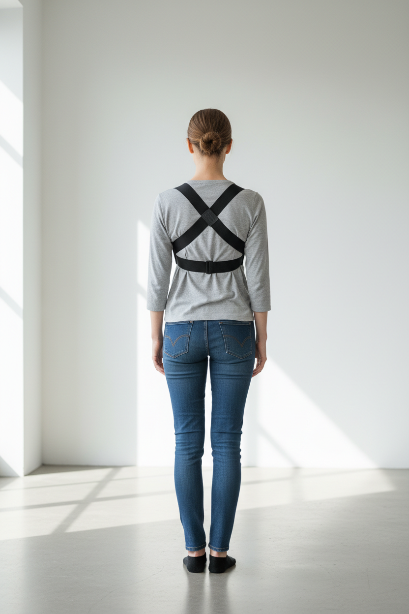 Person wearing posture corrector, rear view, standing tall