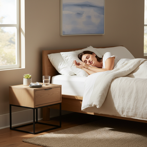 Person sleeping peacefully with anti-snoring mouthguard on bedside table, lifestyle photo