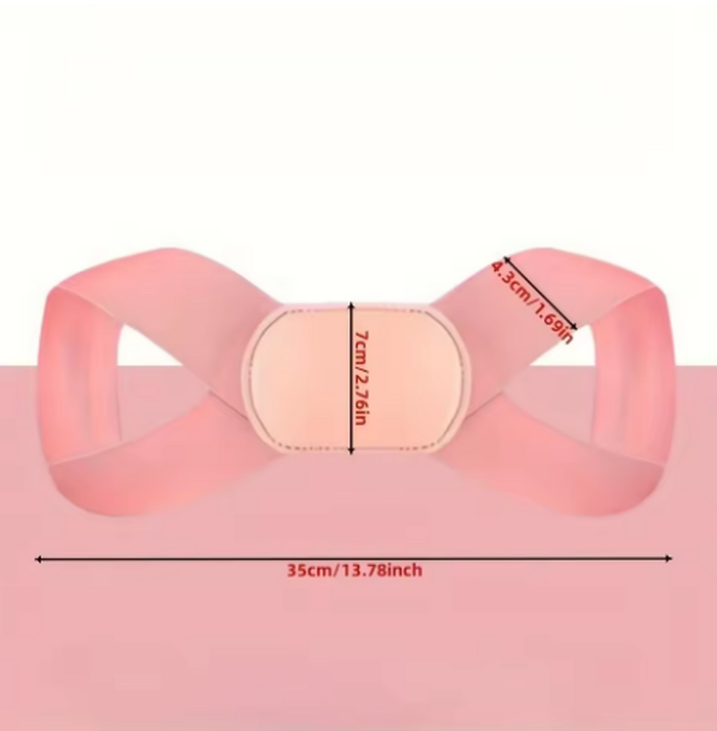 Posture corrector brace dimensions diagram, pink version shown, 35cm width