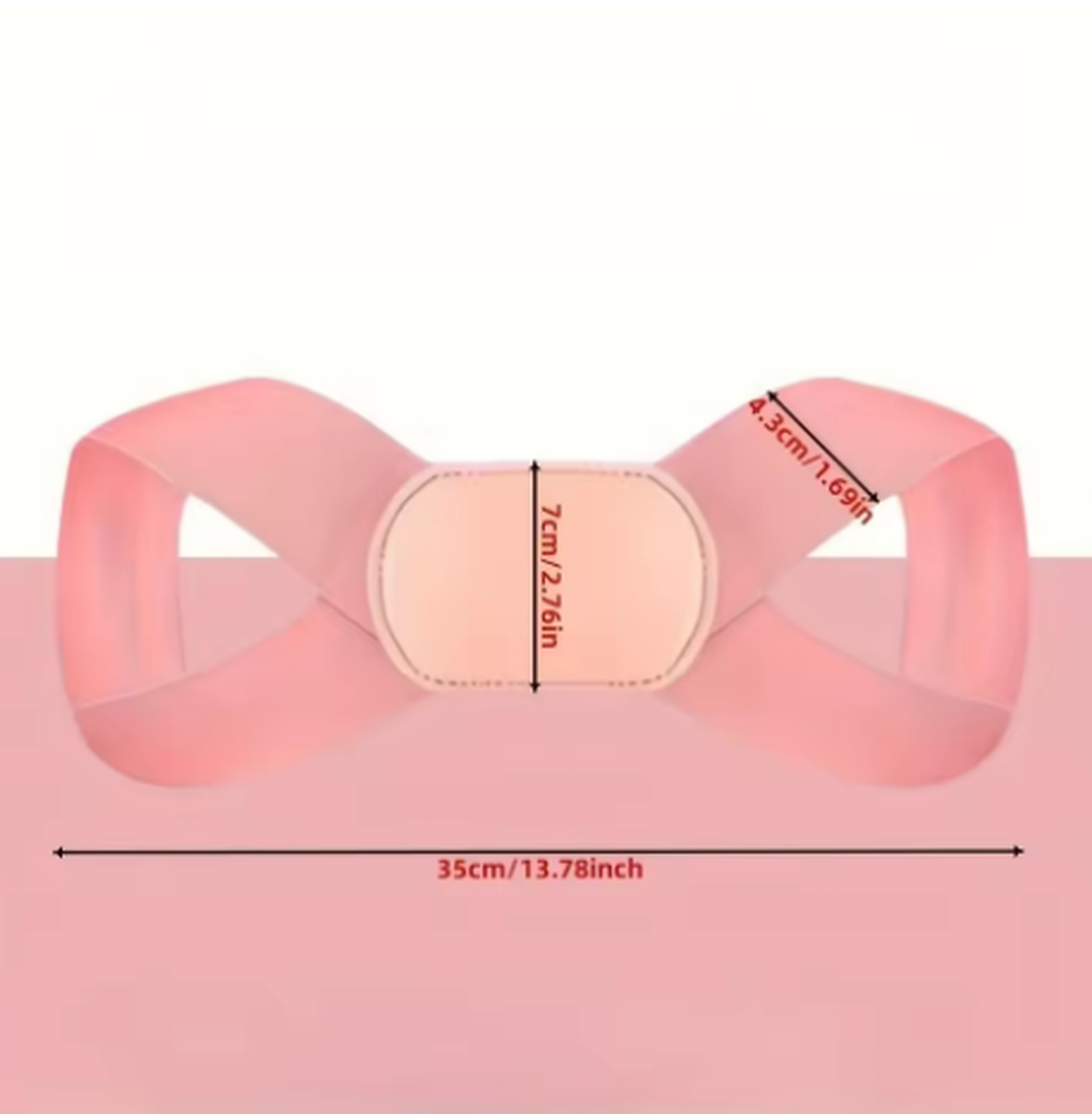 Posture corrector brace dimensions diagram, pink version shown, 35cm width
