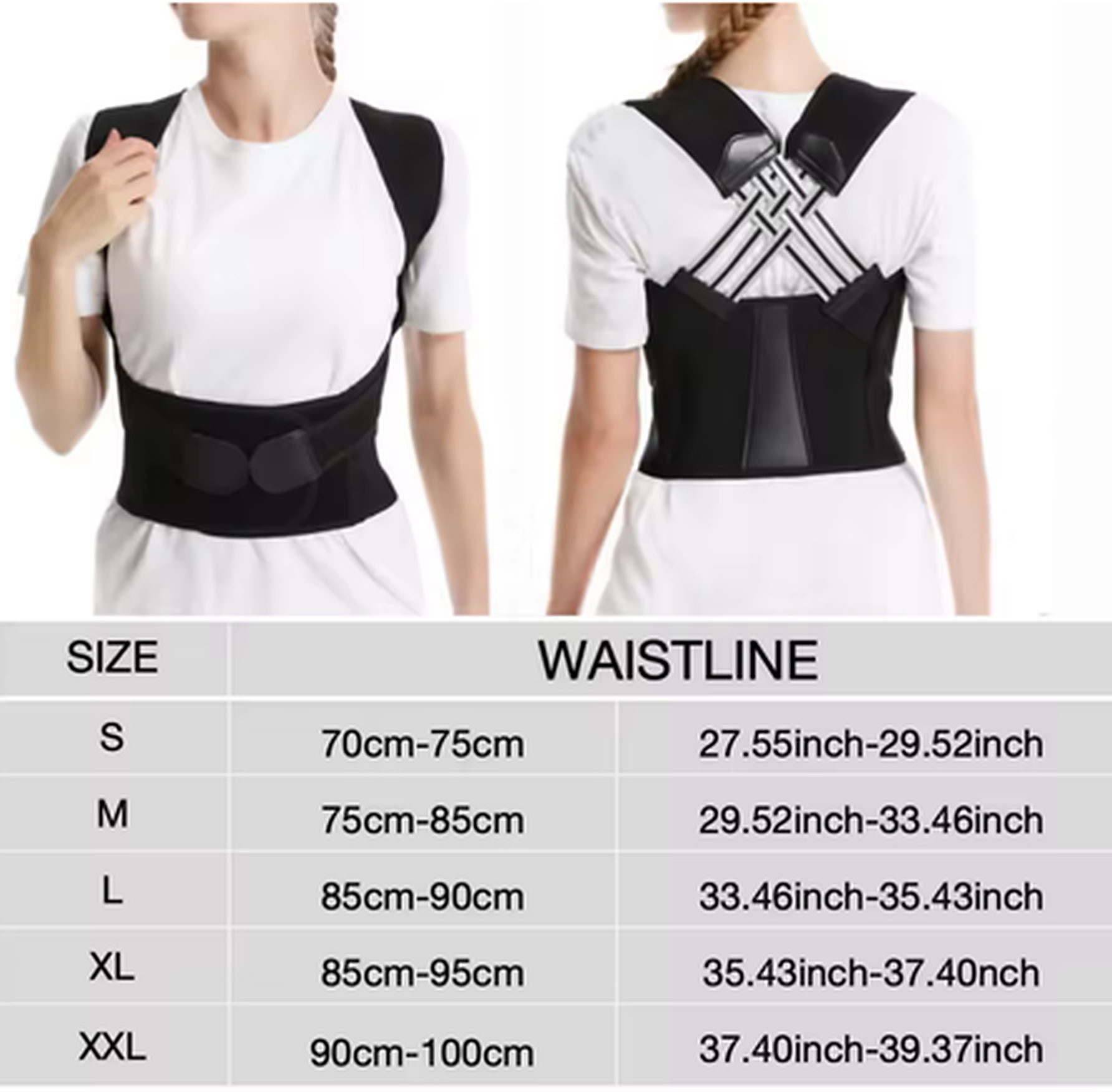 Posture Corrector Pro size chart by waistline: S, M, L, XL, XXL